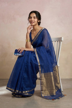 Ganga Ghat ~ Banarasi Handwoven Pure Silk Banarasi Organza Saree in Blue
