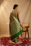 Ganga Ghat ~ Banarasi Handwoven Pure Soft Katan Silk Saree In Dual Tone Red & Green
