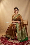 Ganga Ghat ~ Banarasi Handwoven Pure Soft Katan Silk Saree In Dual Tone Red & Green