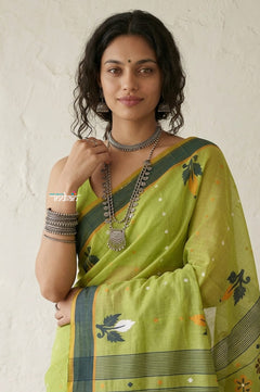 Latika ~ Pure Handwoven Jamdani Mul Cotton Saree in Light Green