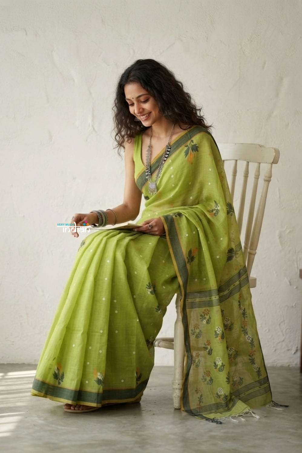Latika ~ Pure Handwoven Jamdani Mul Cotton Saree in Light Green