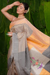 Aranya ~ Pure Silk Handloom Paithani in Peach & Dove Grey