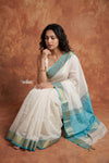 Tarang 2.0 ~ Handloom Cotton Silk Sleek Designer Border in White Blue