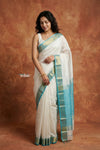 Tarang 2.0 ~ Handloom Cotton Silk Sleek Designer Border in White Blue