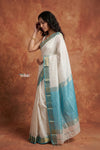Tarang 2.0 ~ Handloom Cotton Silk Sleek Designer Border in White Blue