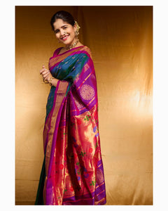 Chandrakor ~ Handloom Pure Silk Maharani Paithani with Majestic Maharani Pallu in Peacock Blue(Shipping in 25 days)