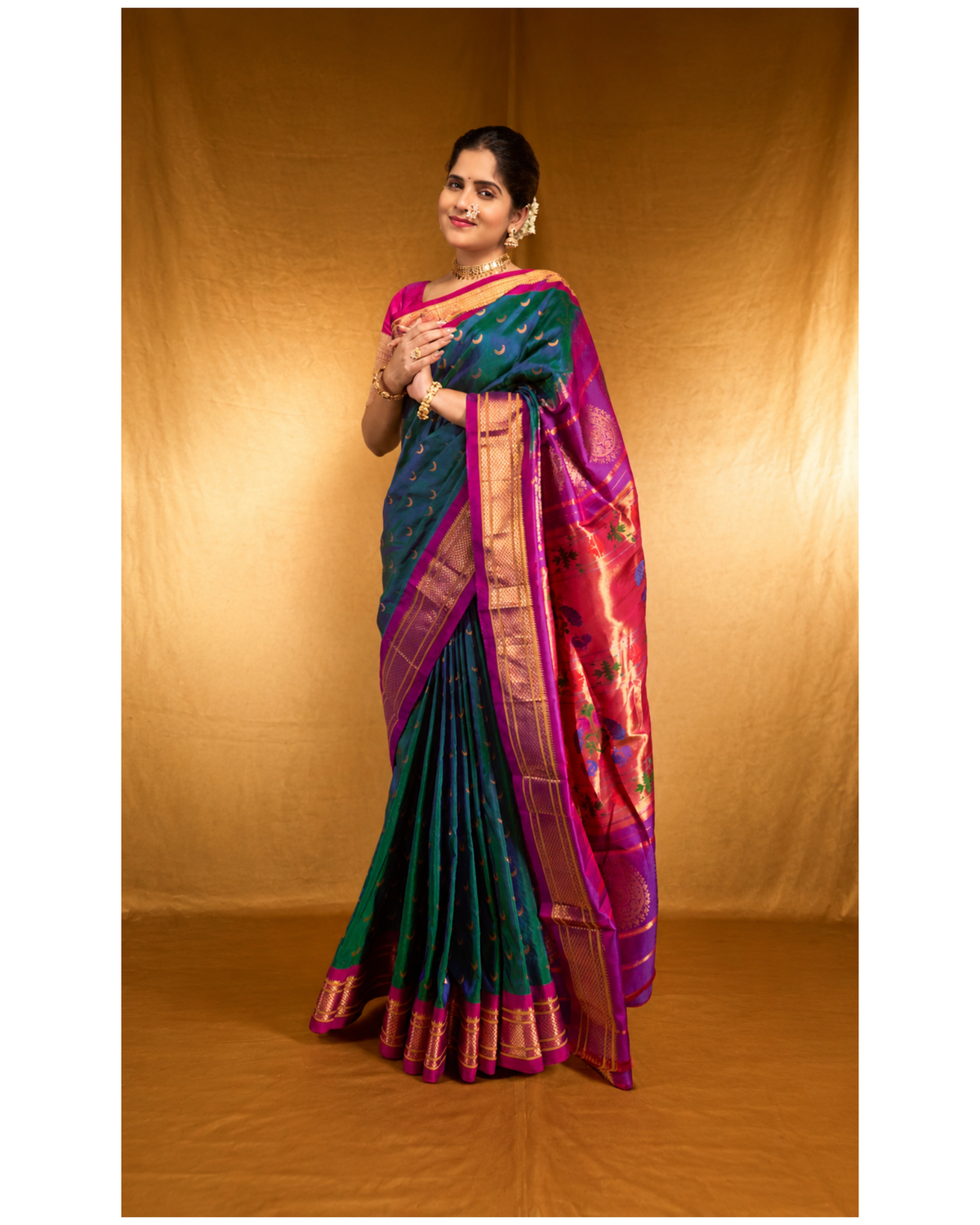 Chandrakor ~ Handloom Pure Silk Maharani Paithani with Majestic Maharani Pallu in Peacock Blue(Shipping in 25 days)