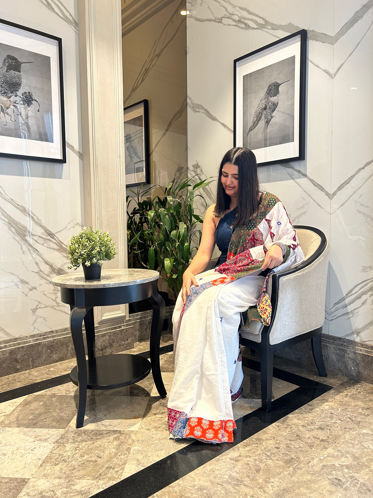 Tyohaar ~ High Quality Mul Cotton Saree with Hand Mirror & Patch Work ~ White