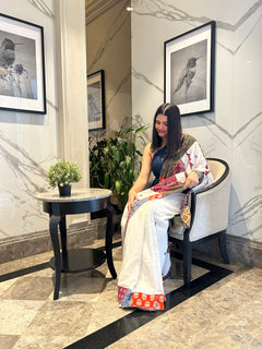 Tyohaar ~ High Quality Mul Cotton Saree with Hand Mirror & Patch Work ~ White