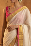 Pure Mul Cotton Handloom Saree with Golden Border - Offwhite pink