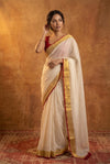 Pure Mul Cotton Handloom Saree with Golden Border - Offwhite Red