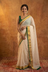 Pure Mul Cotton Handloom Saree with Golden Border - Offwhite Green