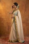 Pure Mul Cotton Handloom Saree with Golden Border - Offwhite Green