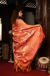Virasat ~ Handloom Pure Silk Maharani Paithani with Maharani Pallu in Peach Orange with Muniya Butti