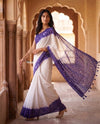 Mulmuli 2.0  ~ Pure Handwoven Mul Cotton Saree in White & Purple
