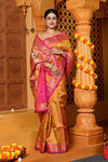 Virasat ~ Handloom Pure Silk Maharani Paithani with Maharani Pallu in Dual Tone Orange Pink with Pink Border