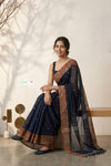 Mulmuli ~ Pure Handwoven Jamdani Mul Cotton Saree in Navy Blue With Tissue Border