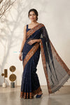 Mulmuli ~ Pure Handwoven Jamdani Mul Cotton Saree in Navy Blue With Tissue Border