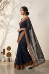Mulmuli ~ Pure Handwoven Jamdani Mul Cotton Saree in Navy Blue With Tissue Border