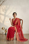 Mulmuli ~ Pure Handwoven Jamdani Mul Cotton Saree in Red With Tissue Border