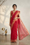 Mulmuli ~ Pure Handwoven Jamdani Mul Cotton Saree in Red With Tissue Border