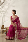 Mulmuli ~ Pure Handwoven Jamdani Mul Cotton Saree in Rani Pink With Tissue Border