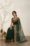 Mulmuli ~ Pure Handwoven Jamdani Mul Cotton Saree in Dark Green With Tissue Border