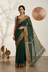 Mulmuli ~ Pure Handwoven Jamdani Mul Cotton Saree in Dark Green