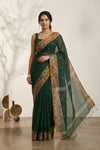 Mulmuli ~ Pure Handwoven Jamdani Mul Cotton Saree in Dark Green With Tissue Border