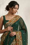 Mulmuli ~ Pure Handwoven Jamdani Mul Cotton Saree in Dark Green With Tissue Border