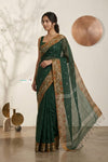 Mulmuli ~ Pure Handwoven Jamdani Mul Cotton Saree in Dark Green