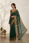 Mulmuli ~ Pure Handwoven Jamdani Mul Cotton Saree in Dark Green With Tissue Border