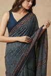 Mitti Ke Rang ~ Ajrakh Handblock Printed Modal Silk Saree in Blue