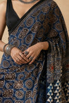 Mitti Ke Rang ~ Ajrakh Handblock Printed Modal Silk Saree in Blue