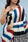 Mitti Ke Rang ~ Ajrakh Handblock Printed Modal Silk Saree with Stripe in Beige