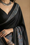 Mitti Ke Rang ~ Ajrakh Handblock Printed Modal Silk Saree in Blue and Black