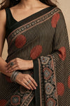 Mitti Ke Rang ~ Ajrakh Handblock Printed Modal Silk Saree with Stripe in Black
