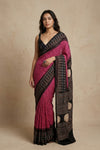 Mitti Ke Rang ~ Ajrakh Bandhani Handblock Printed Modal Silk Saree In Pink