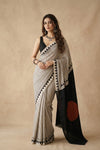 Mitti Ke Rang ~ Ajrakh Handblock Printed Modal Silk Saree Stripe in Beige with Black Pallu