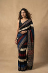 Mitti Ke Rang ~ Ajrakh Handblock Printed Modal Silk Saree with Stripe in Black