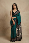 Mitti Ke Rang ~ Ajrakh Bandhani Handblock Printed Modal Silk Saree In Peacock Green