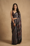 Mitti Ke Rang ~ Ajrakh Handblock Printed Modal Silk Saree in Black Blue