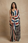 Mitti Ke Rang ~ Ajrakh Handblock Printed Modal Silk Saree with Stripe in Beige