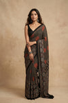 Mitti Ke Rang ~ Ajrakh Handblock Printed Modal Silk Saree with Stripe in Black