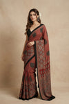 Mitti Ke Rang ~ Ajrakh Handblock Printed Modal Silk Saree with Stripe in Red