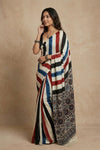 Mitti Ke Rang ~ Ajrakh Handblock Printed Modal Silk Saree with Stripe in Beige