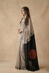 Mitti Ke Rang ~ Ajrakh Handblock Printed Modal Silk Saree Stripe in Beige with Black Pallu