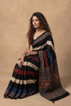 Mitti Ke Rang ~ Ajrakh Handblock Printed Modal Silk Saree with Stripe in Black