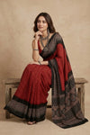 Mitti Ke Rang ~ Ajrakh Bandhani Handblock Printed Modal Silk Saree In Red