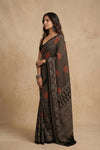 Mitti Ke Rang ~ Ajrakh Handblock Printed Modal Silk Saree with Stripe in Black